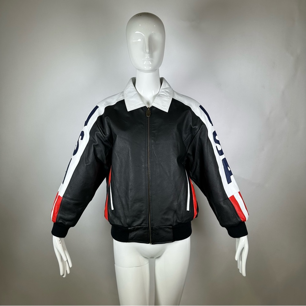 80’s Michael Hoban Where Mi Leather Jacket Collared Full Zip Up USA Flag Black S
